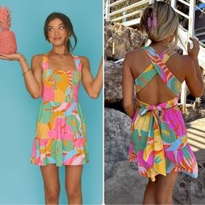 Show Me Your MuMu Collins Mini Dress Smocked Front Tropical Fruit  L